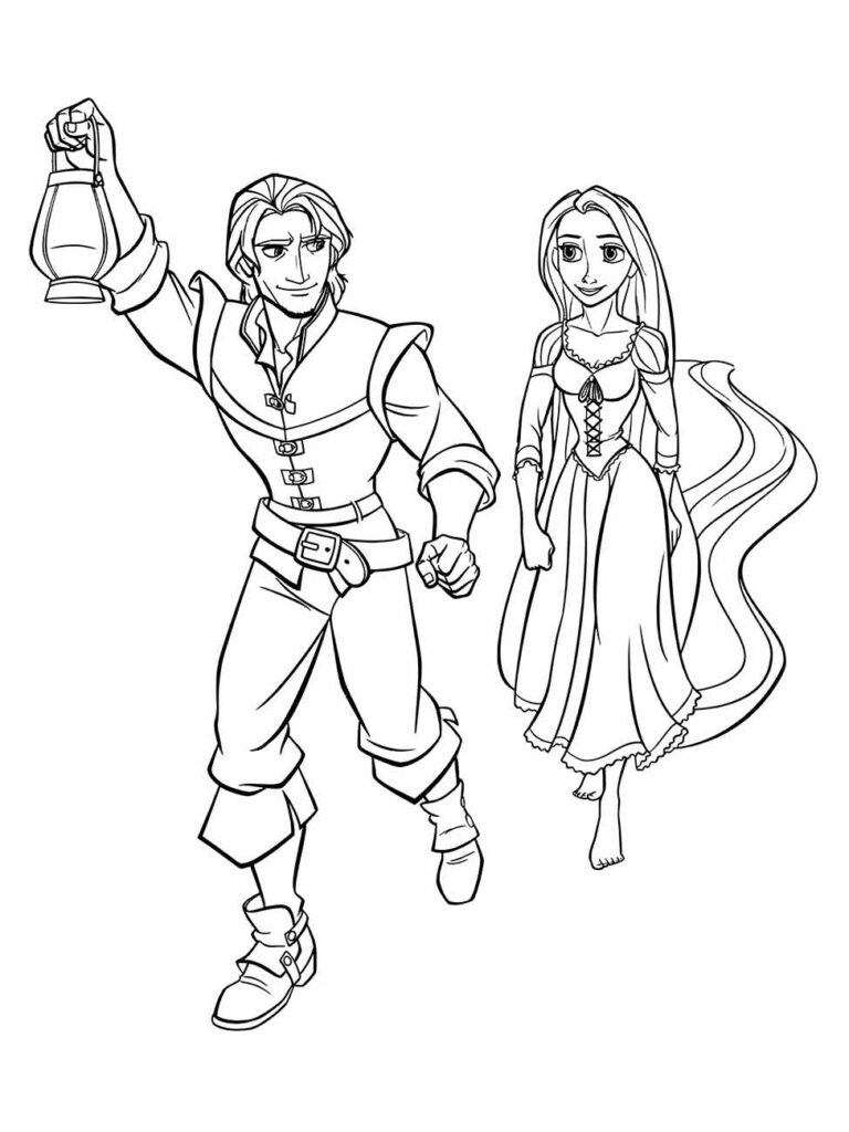 Desenho para colorir de Rapunzel caminhando ao lado de Flynn Rider que segura uma lanterna.