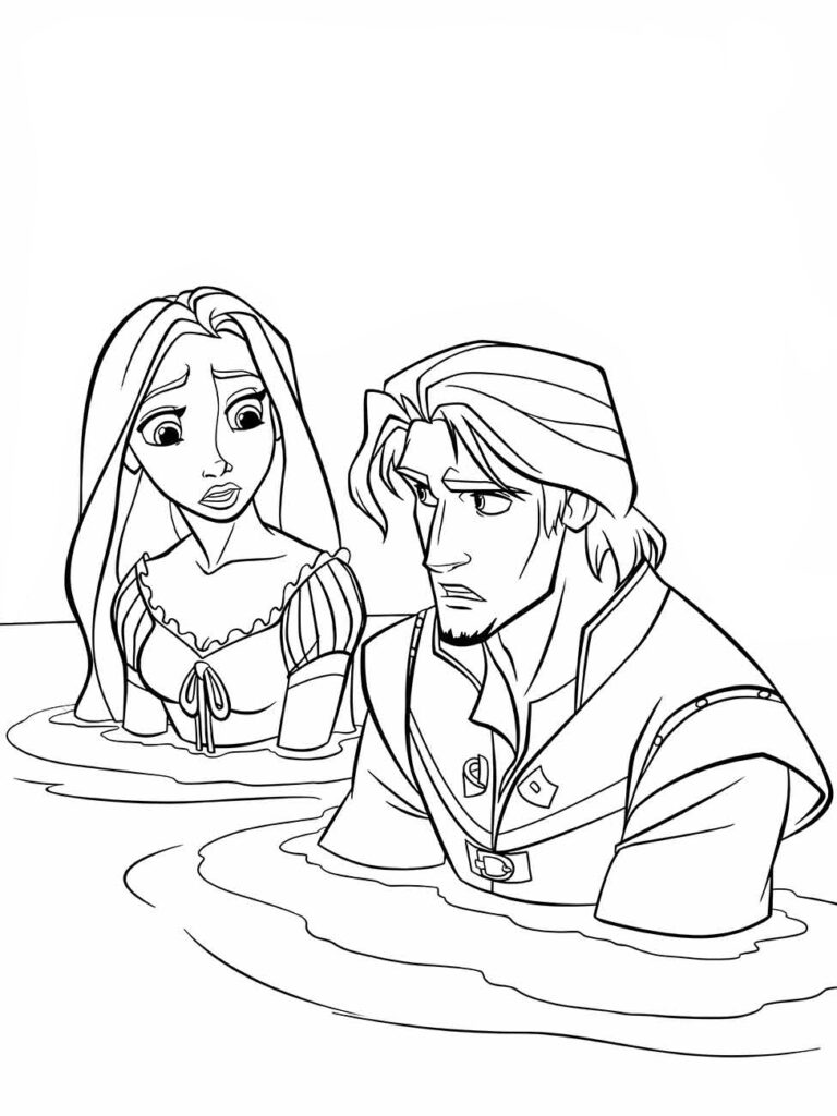 Desenho para colorir de Rapunzel dentro de um algo com Flynn Rider