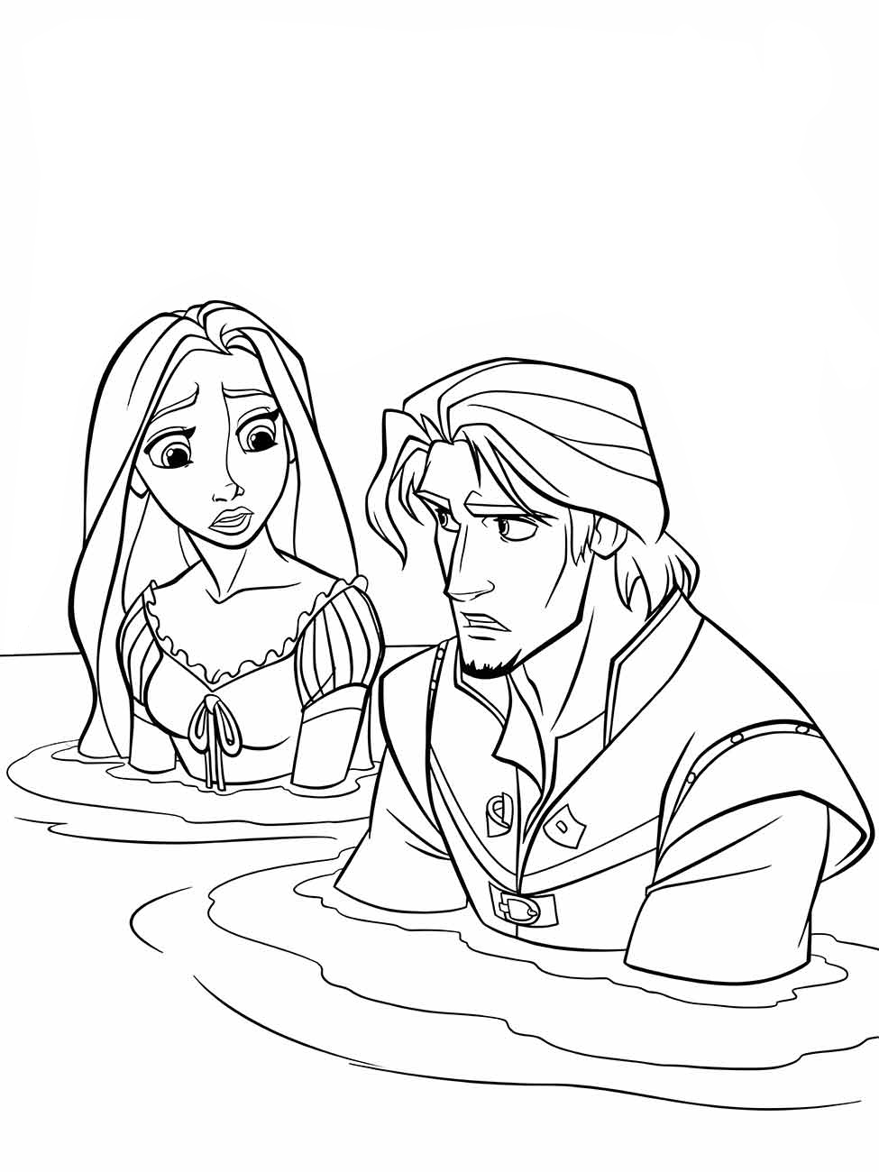 Desenho para colorir de Rapunzel dentro de um algo com Flynn Rider