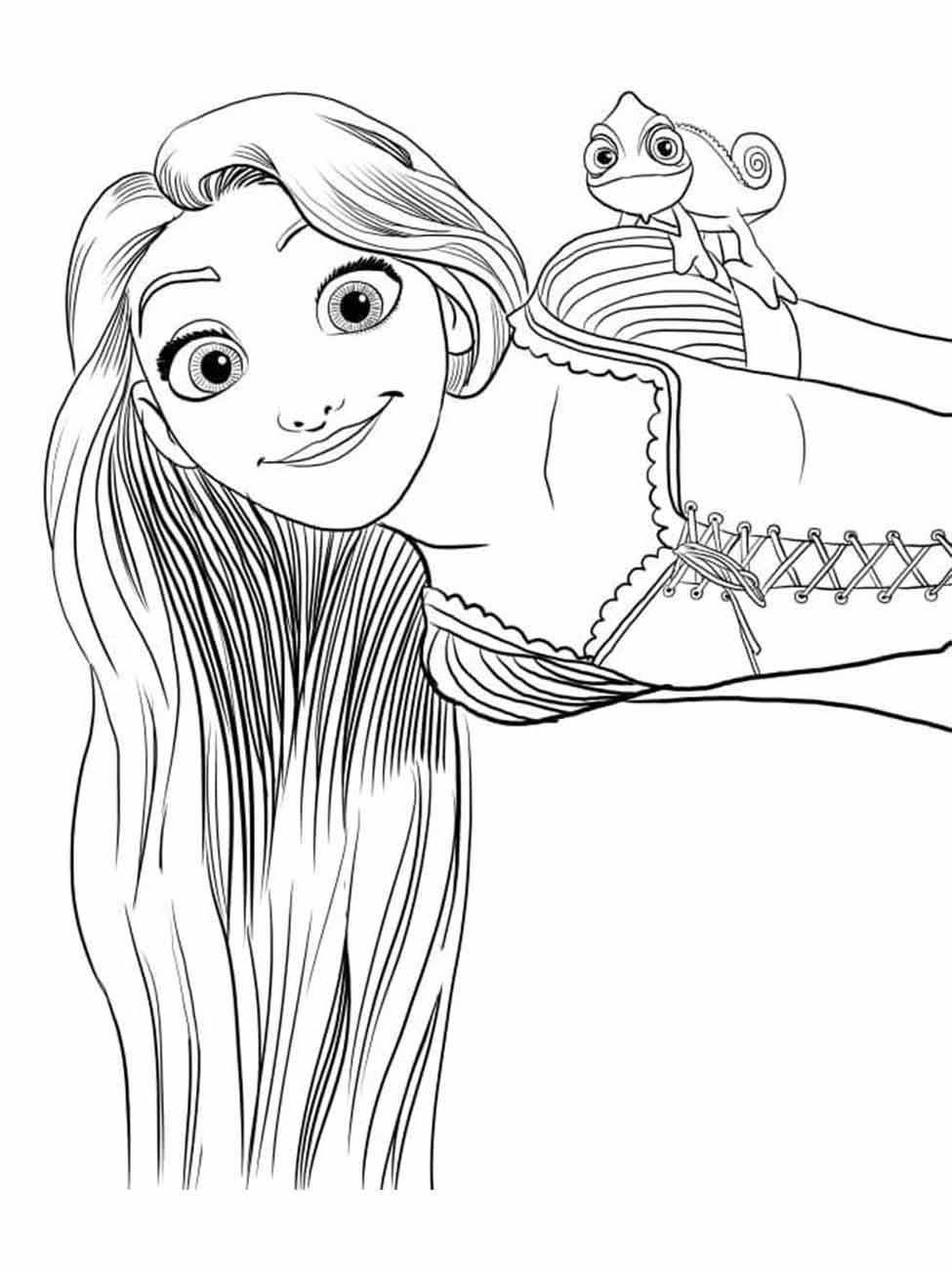 Desenho para colorir de Rapunzel com um camaleão no ombro, exibindo uma expressão feliz.