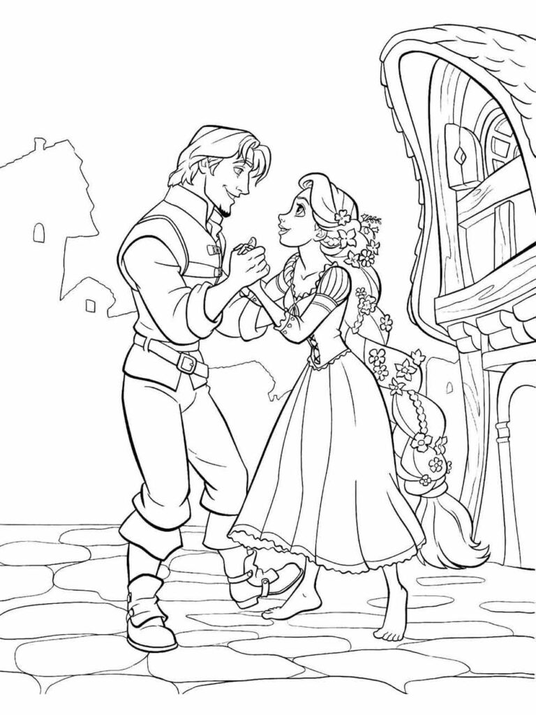 Desenho para colorir de Rapunzel eFlynn Rider em frente a uma casa, olhando-se amorosamente.