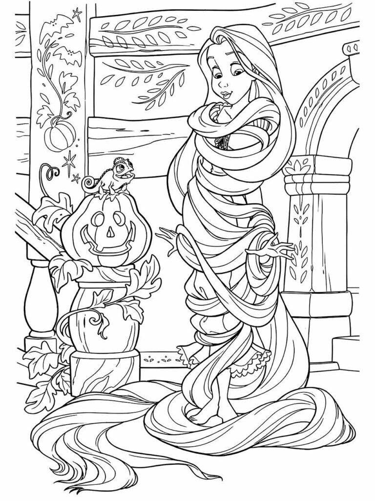 Desenho para colorir de Rapunzel com uma abóbora e um sapo.