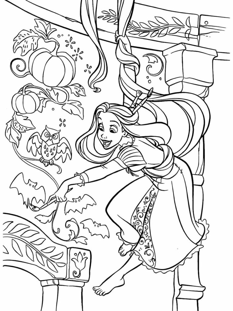 Desenho para colorir de Rapunzel pintando persogens do Halloween.