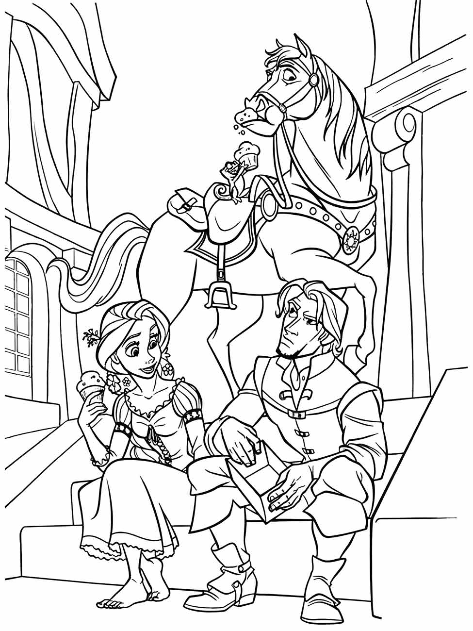 Desenho para colorir de Rapunzel e Flynn com Maximus o cavalo da guarda real ao fundo.