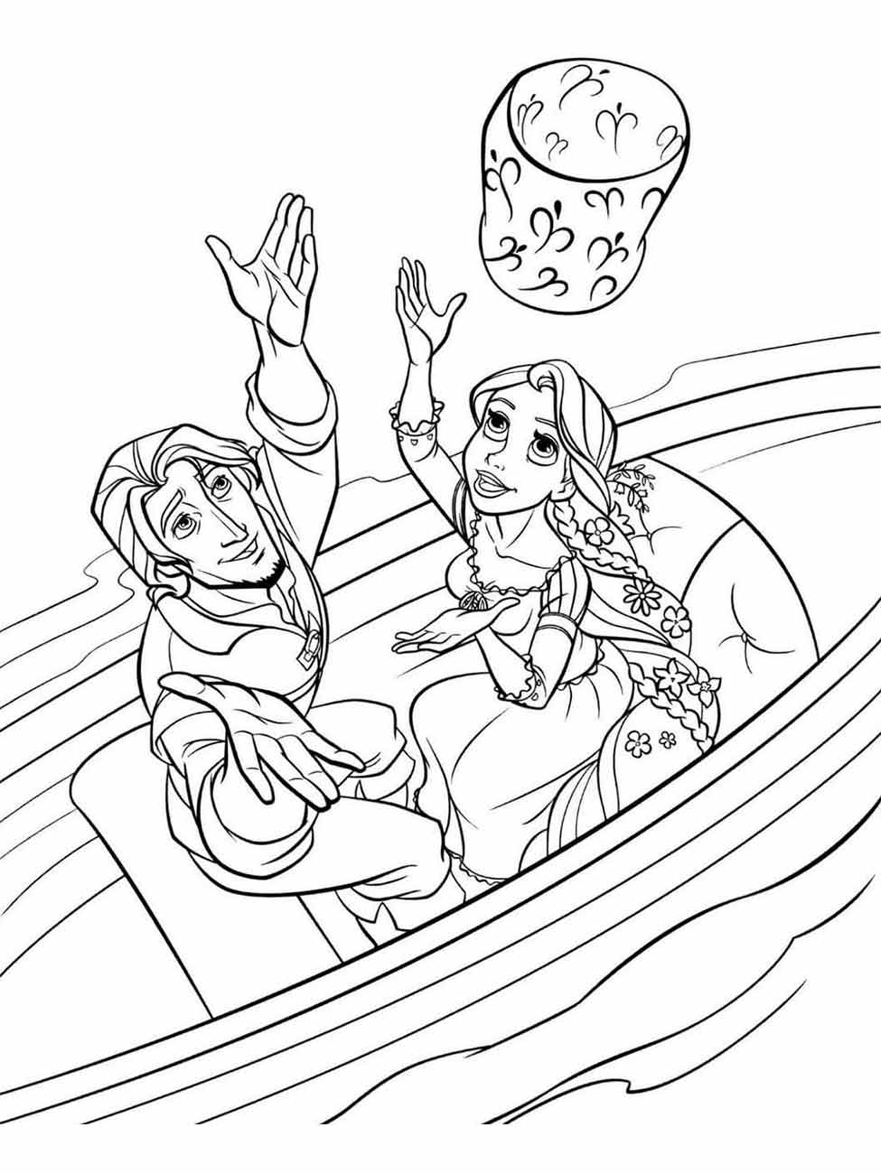 Desenho para colorir de Rapunzel e Flynn soltando uma lanterna.