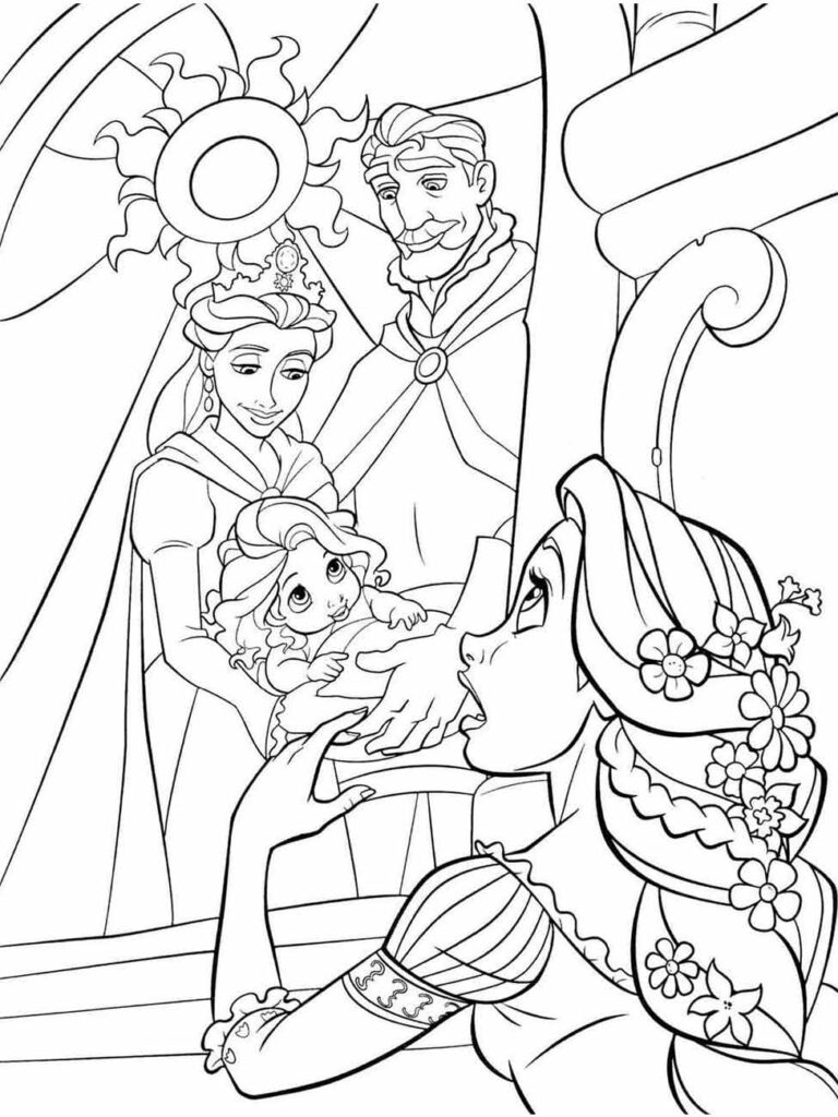 Desenho para colorir de Rapunzel com seus pais reais e Pascal.