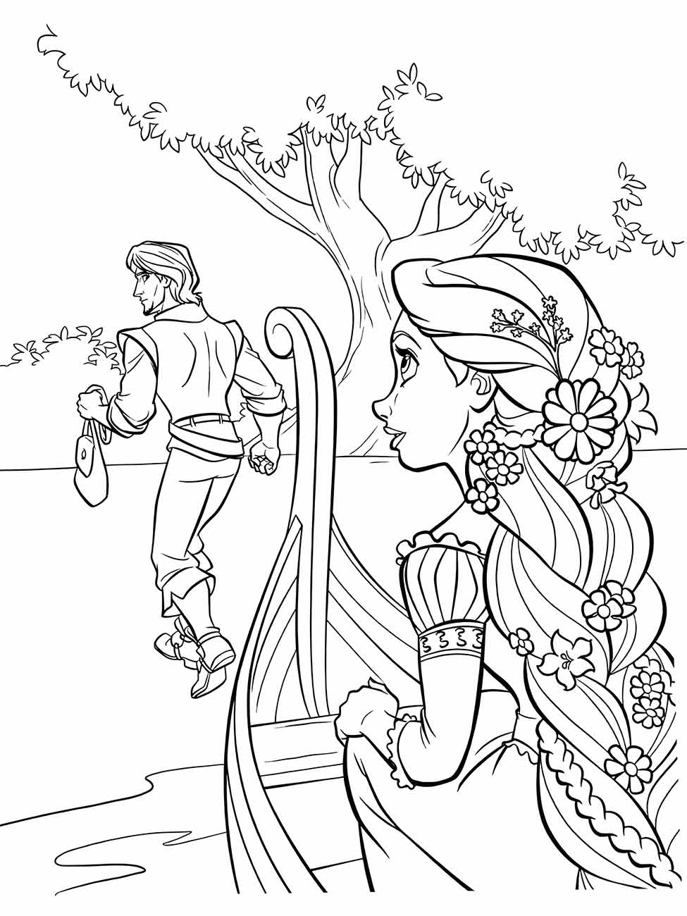 Desenho para colorir de Rapunzel observando Flynn de longe.