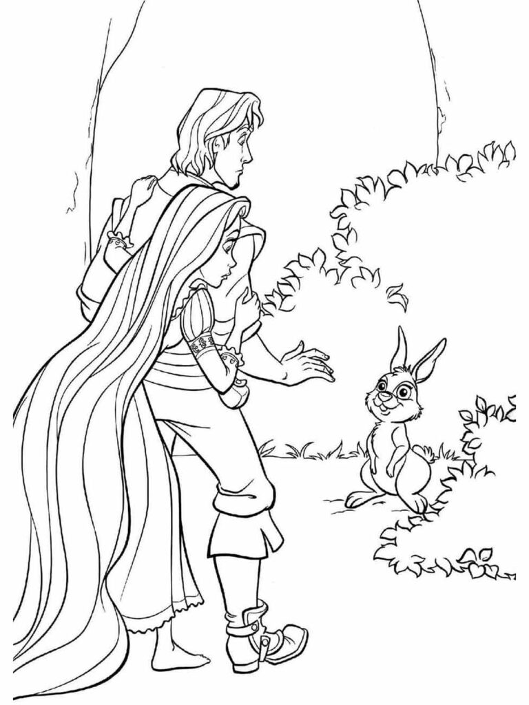 Desenho para colorir de Rapunzel e Flynn olhando um coelho.