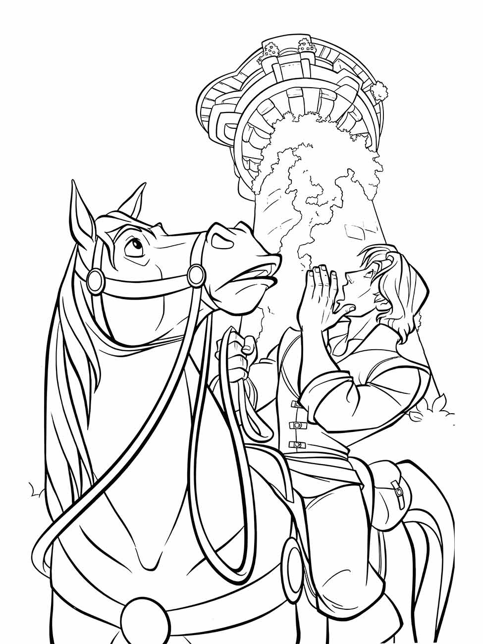 Desenho para colorir de Flynn em cima do cavalo, olhando para a torre onde está Rapunzel.