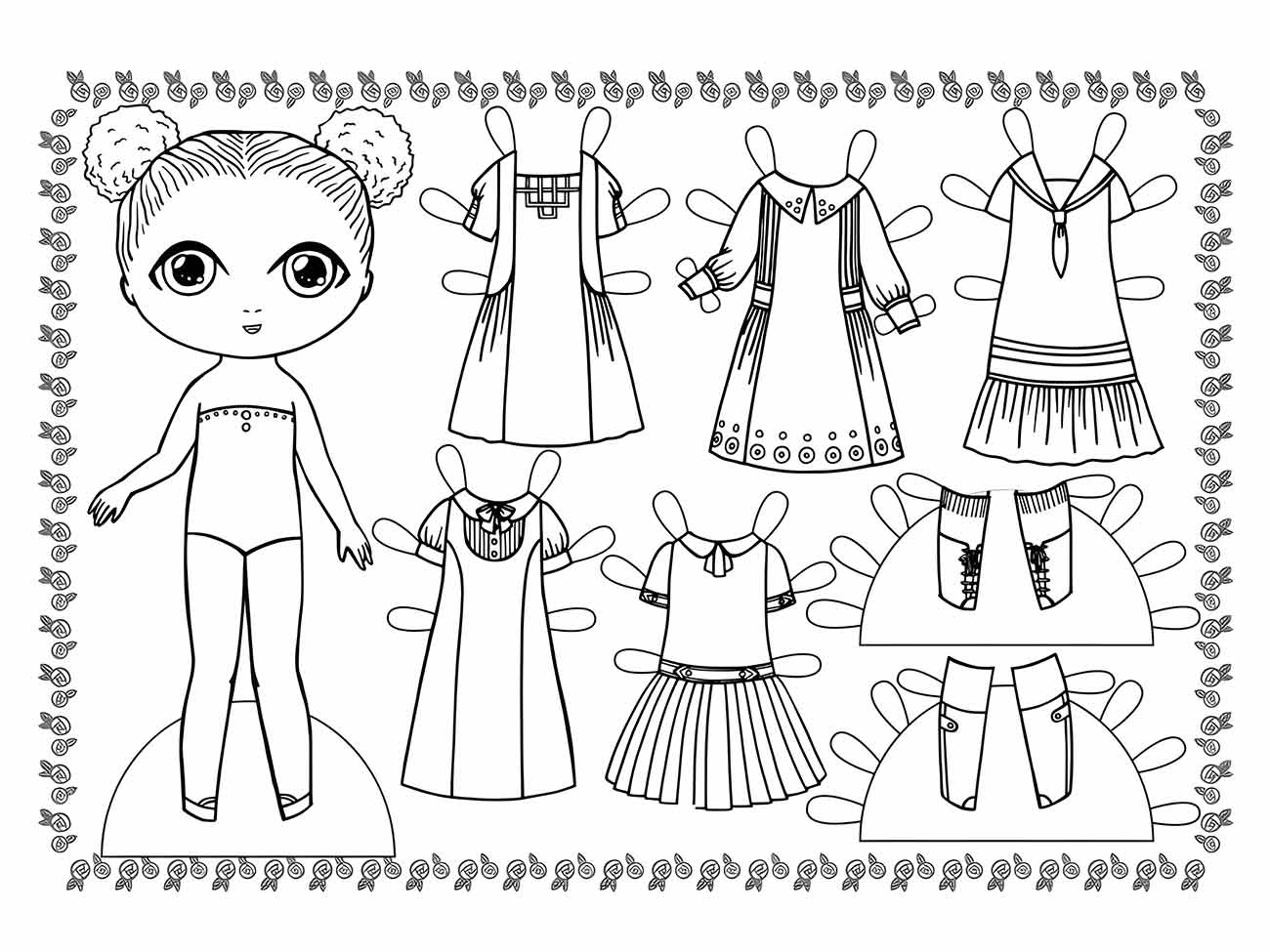 Desenho para colorir de uma boneca de papel com várias opções de vestidos estilizados em volta para recortar e vestir.