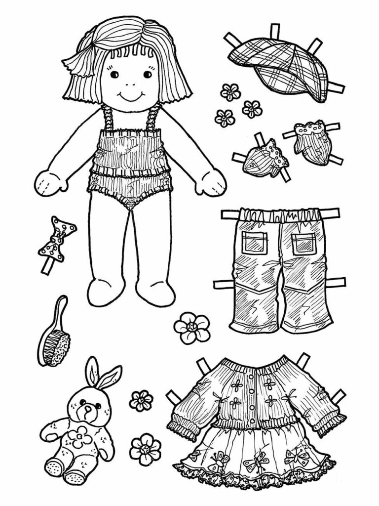 Desenho para colorir de uma boneca de pano com acessórios variados, incluindo roupas e itens pessoais.