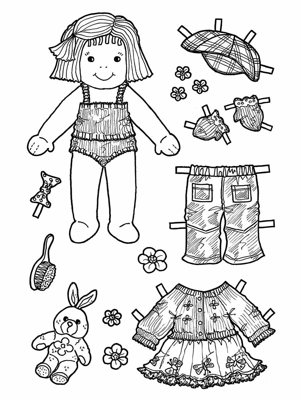 Desenho para colorir de uma boneca de pano com acessórios variados, incluindo roupas e itens pessoais.