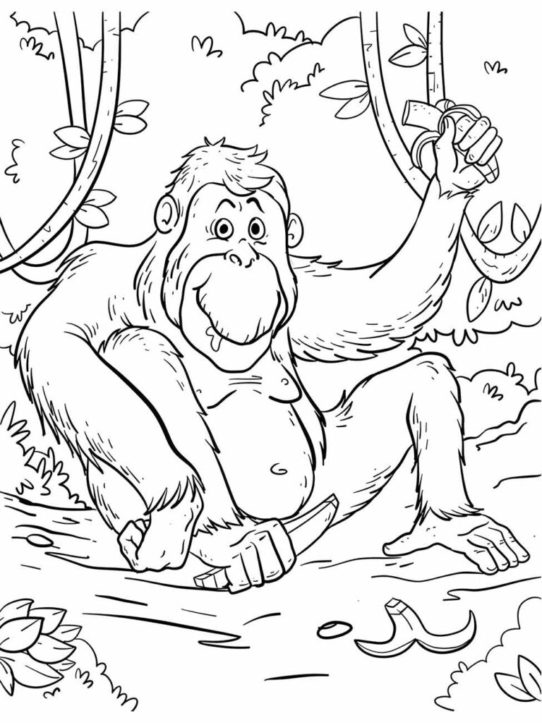 Desenho de macaco orangotango para colorir, sentado e interagindo com cipós.