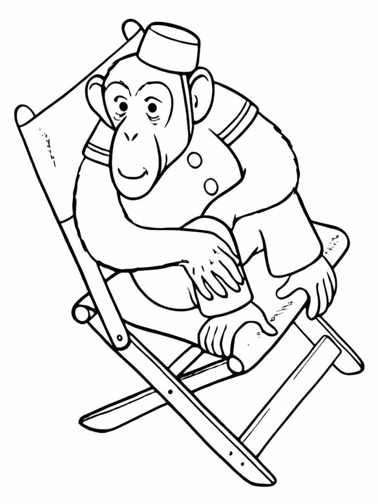 Desenho de chimpanzé para colorir, vestido e sentado em cadeira de praia.