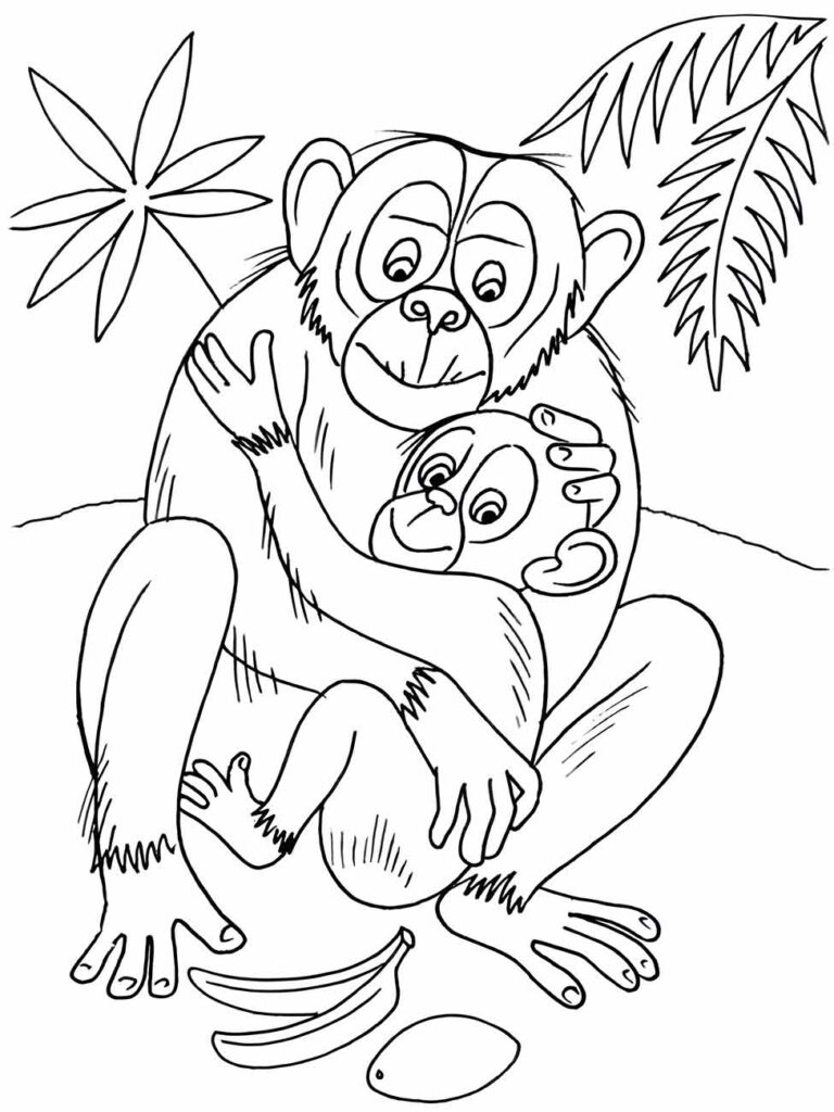 Desenho de uma mãe macaco para colorir, abraçando carinhosamente seu filhote.