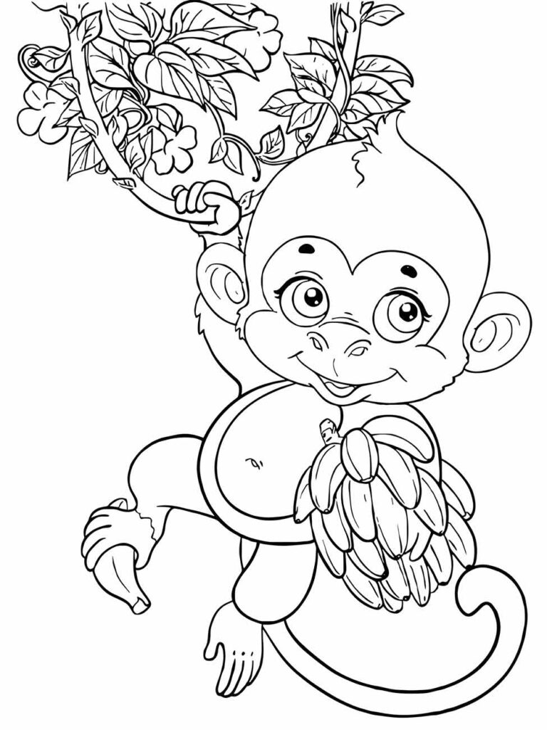 Desenho de macaco jovem para colorir, pendurado em um galho com um cacho de bananas na mão.