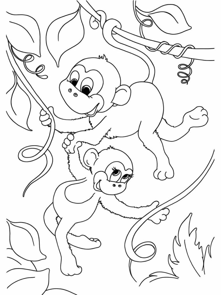 Desenho de dois macacos jovens para colorir, brincando e pendurados em cipós.