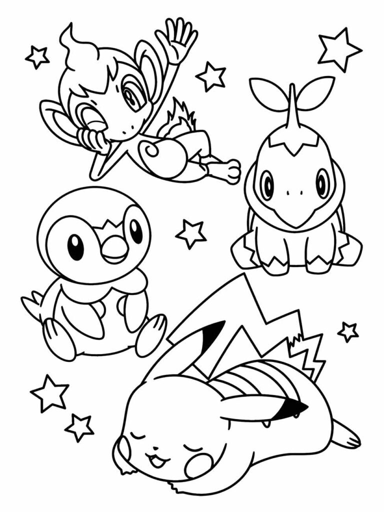 Desenho para colorir de Pokémon com Pikachu, Chimchar, Turtwig e Piplup rodeados por estrelas.