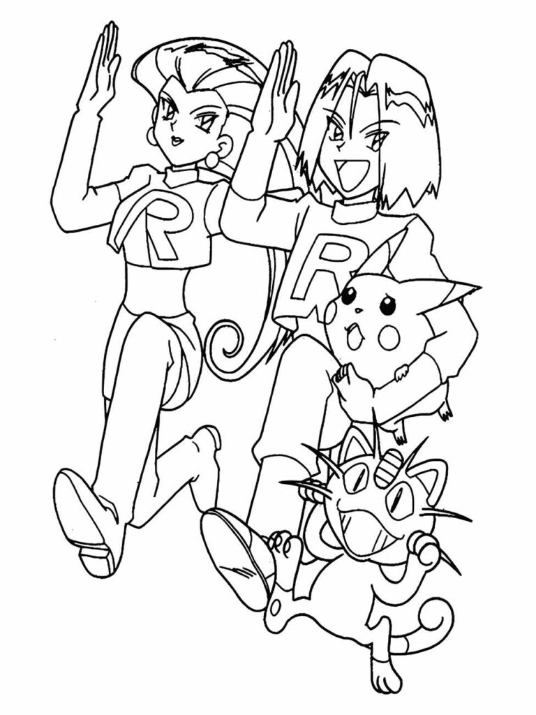 Desenho para colorir de personagens da Equipe Rocket, Jessie e James, com Meowth e Wobbuffet em poses clássicas.