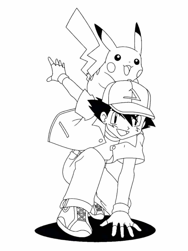 Desenho para colorir de Ash Ketchum com Pikachu nas costas.