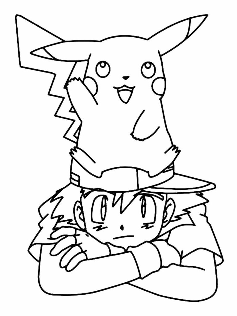 Desenho para colorir de Ash com Pikachu sentado em sua cabeça.