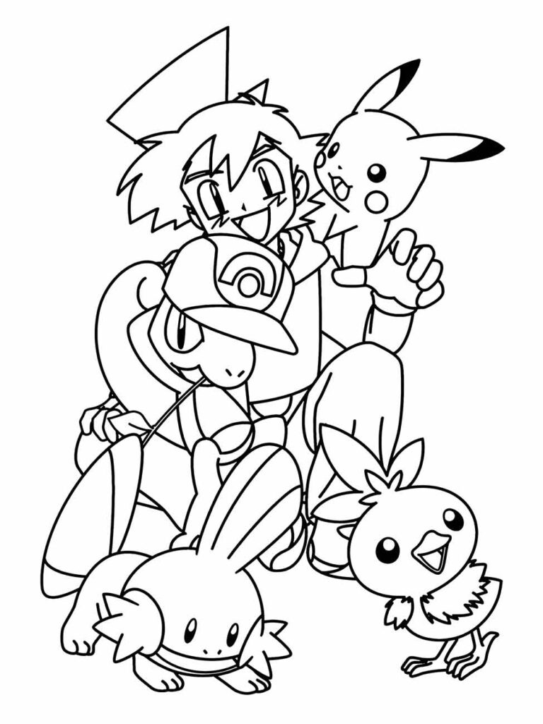 Desenho para colorir de Ash com Pikachu e outros Pokémon como Mudkip, Treecko e Torchic, todos parecendo felizes.