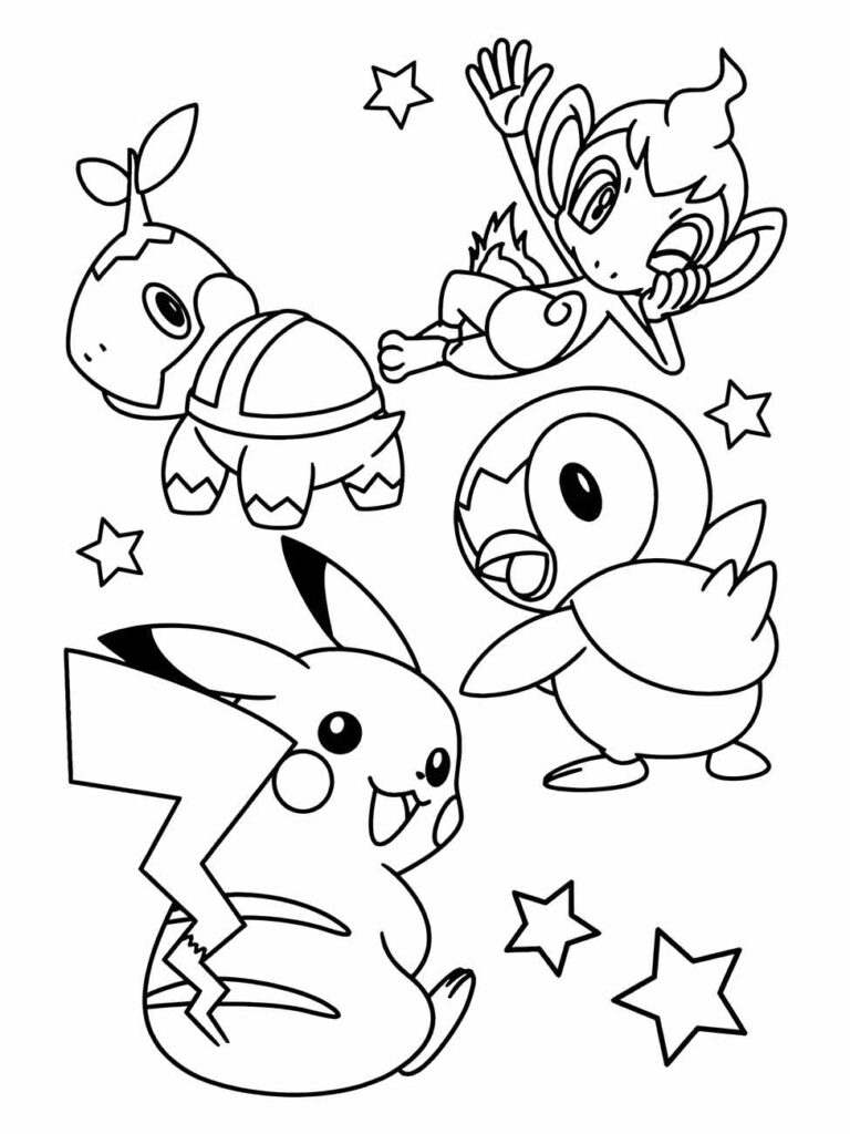 Desenho para colorir de Pikachu, Chimchar, Piplup e Turtwig com estrelas ao redor.