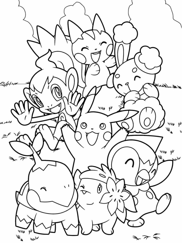 Desenho para colorir de um grupo de Pokémon animados, incluindo Pikachu, Piplup, Chimchar e Turtwig.