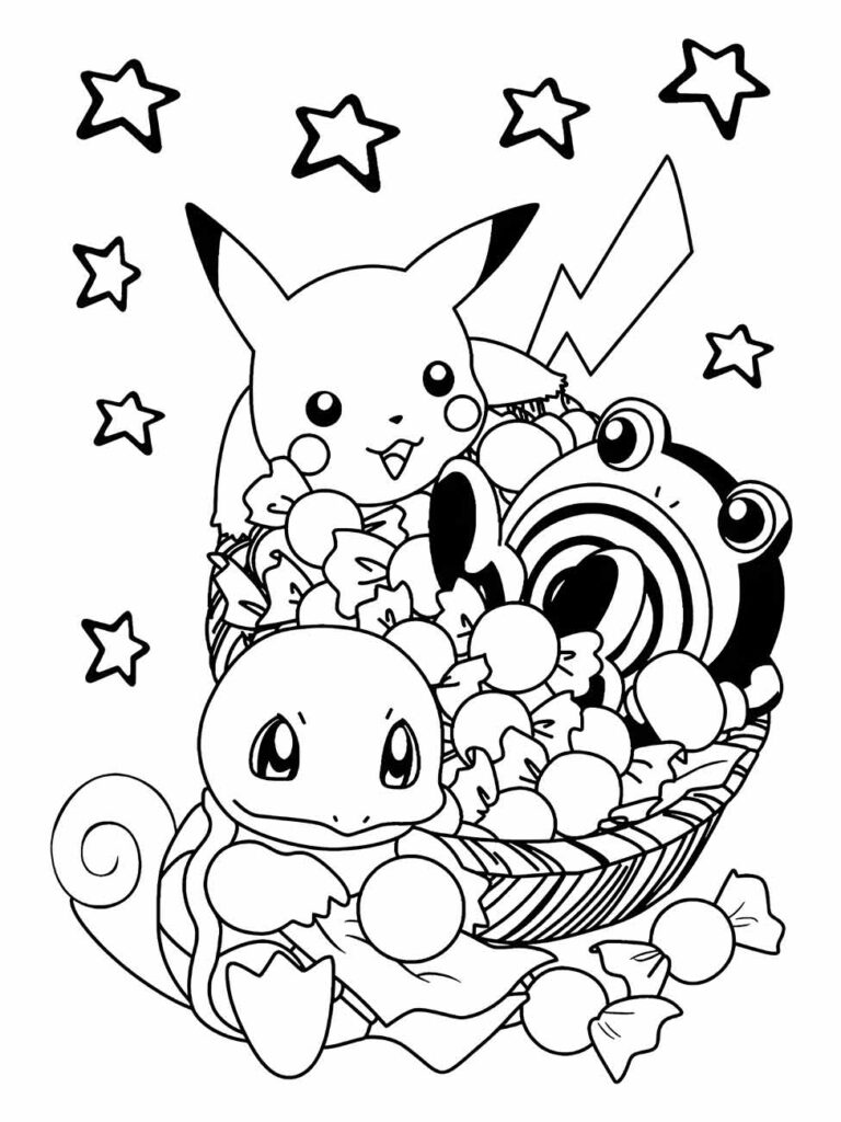 Desenho para colorir de Pikachu e Charmander com um Poliwag, todos dentro de uma cesta de frutas com estrelas ao redor