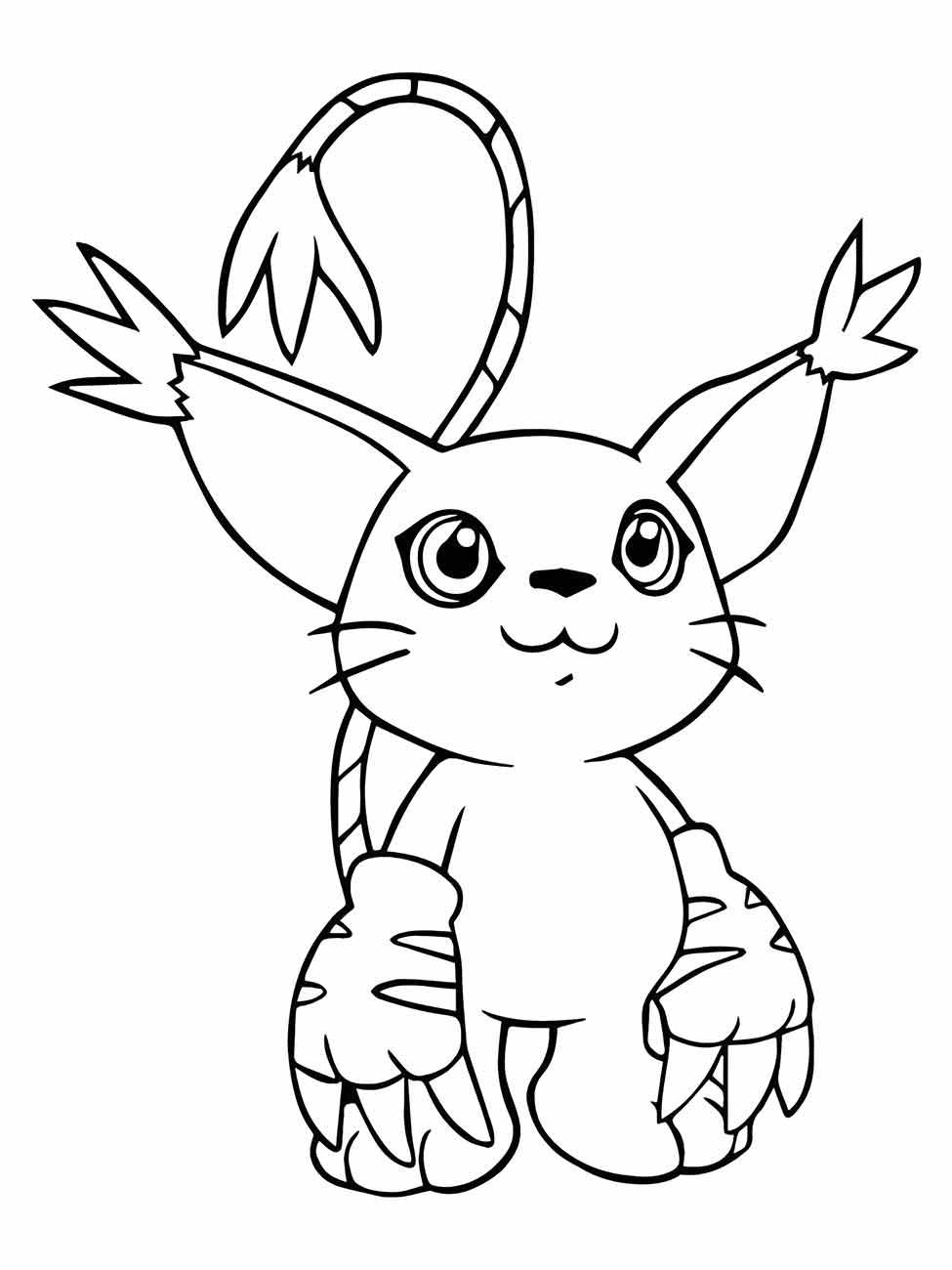 Desenho para colorir de Gatomon, um Digimon felino com grandes olhos e luvas listradas.