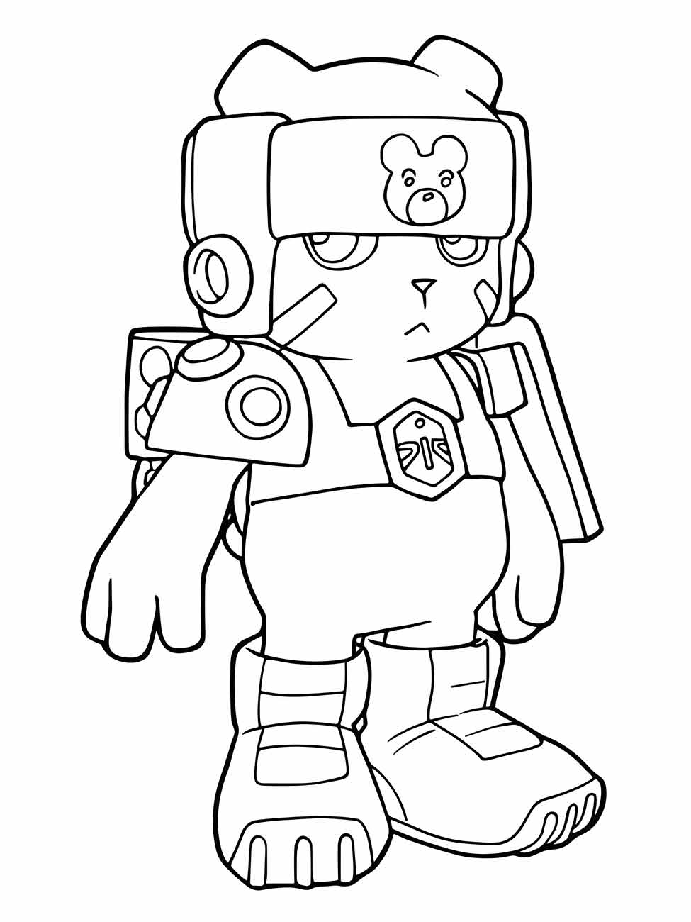 Desenho para colorir de Monzaemon, um Digimon robótico com um símbolo de urso no capacete.