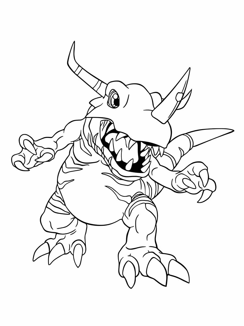 Desenho para colorir de Greymon, um Digimon dinossauro com chifres e dentes afiados.