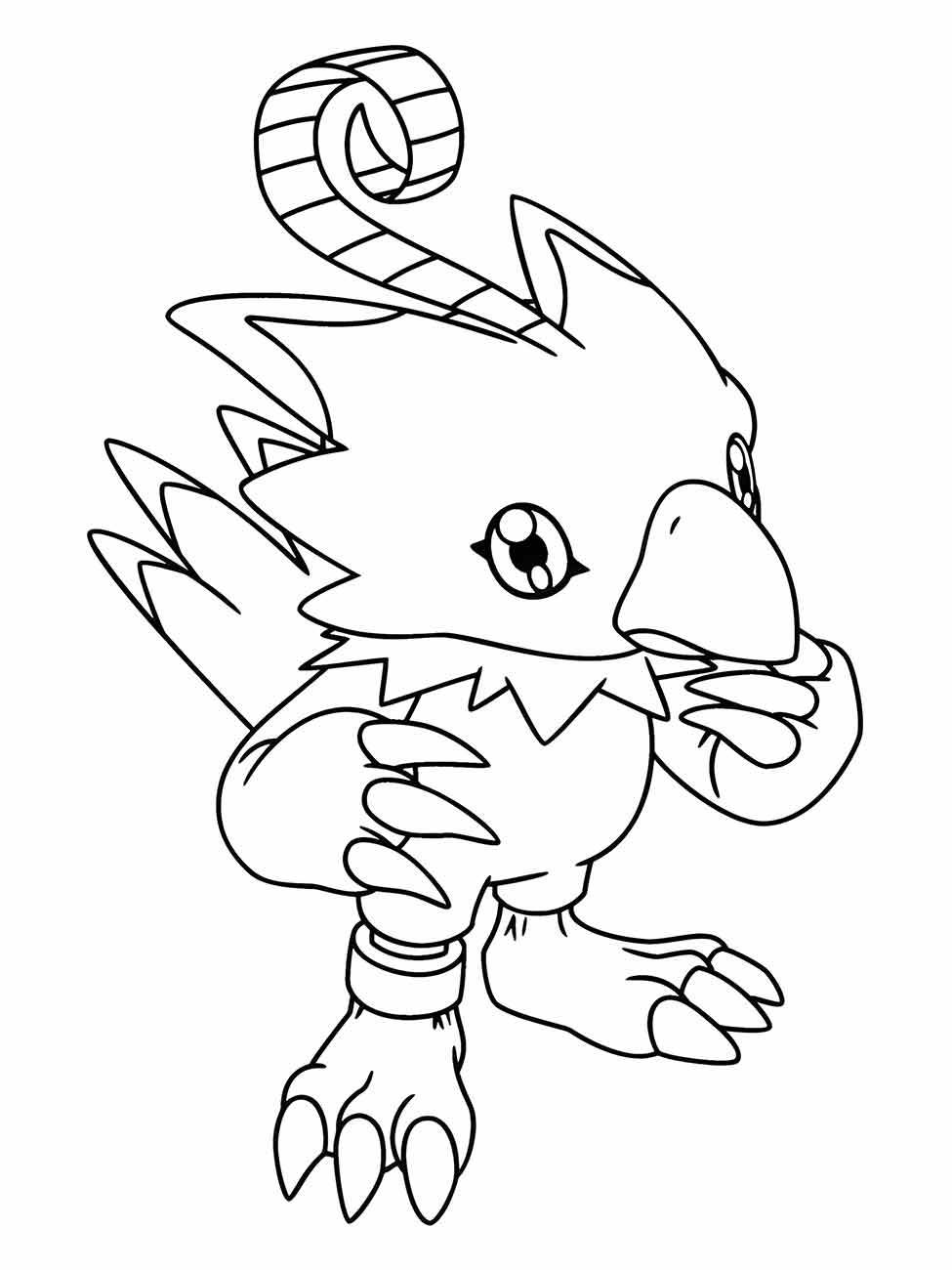 Desenho para colorir de Biyomon, um Digimon pássaro com penas pontiagudas e um bico longo.