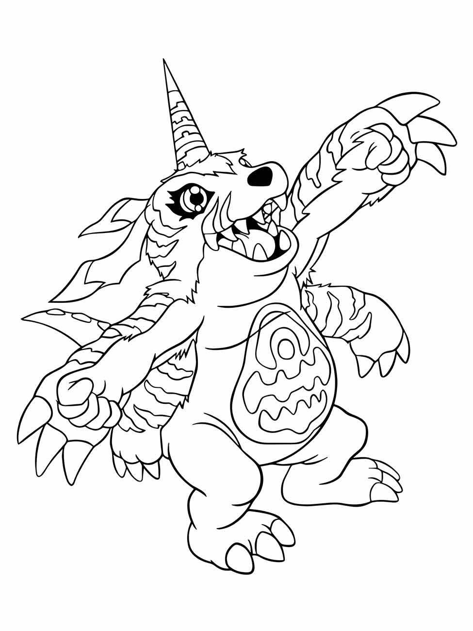 Desenho para colorir de Gabumon, um Digimon reptiliano com chifre.