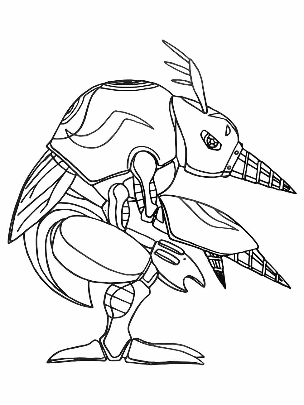 Desenho para colorir de Kabuterimon, um Digimon inseto com armadura e grandes pinças.