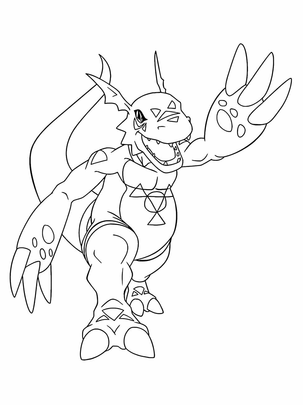 Desenho para colorir de Greymon, um Digimon dinossauro blindado com asas e garras.