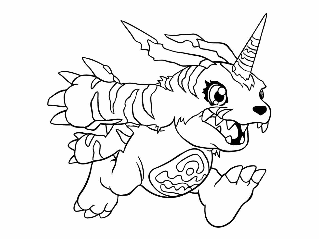 Desenho para colorir de Gabumon, um Digimon réptil com chifre e pelagem listrada.