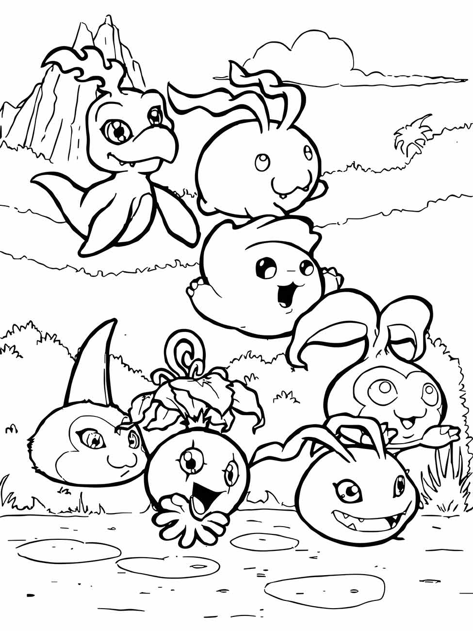 Desenho para colorir de um grupo de Digimons incluindo Patamon, Togemon, e outros, em um cenário ao ar livre.