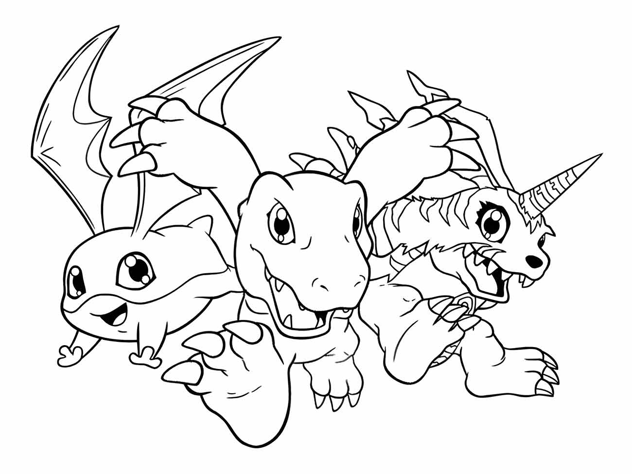 Desenho para colorir de Patamon, Agumon e Gabumon, três Digimons clássicos em pose dinâmica.