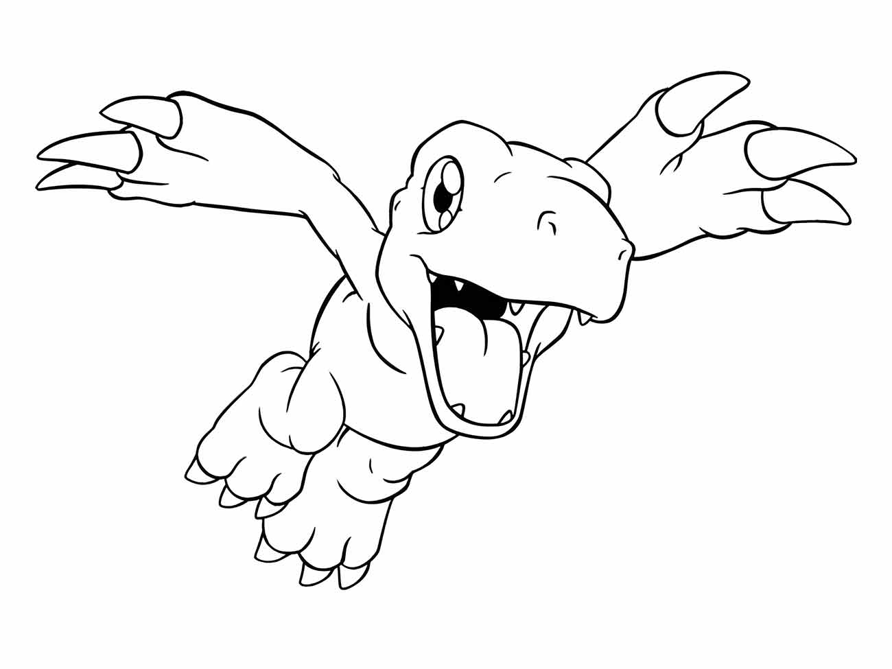 Desenho para colorir de Agumon, um Digimon tipo dinossauro com garras e expressão amigável.