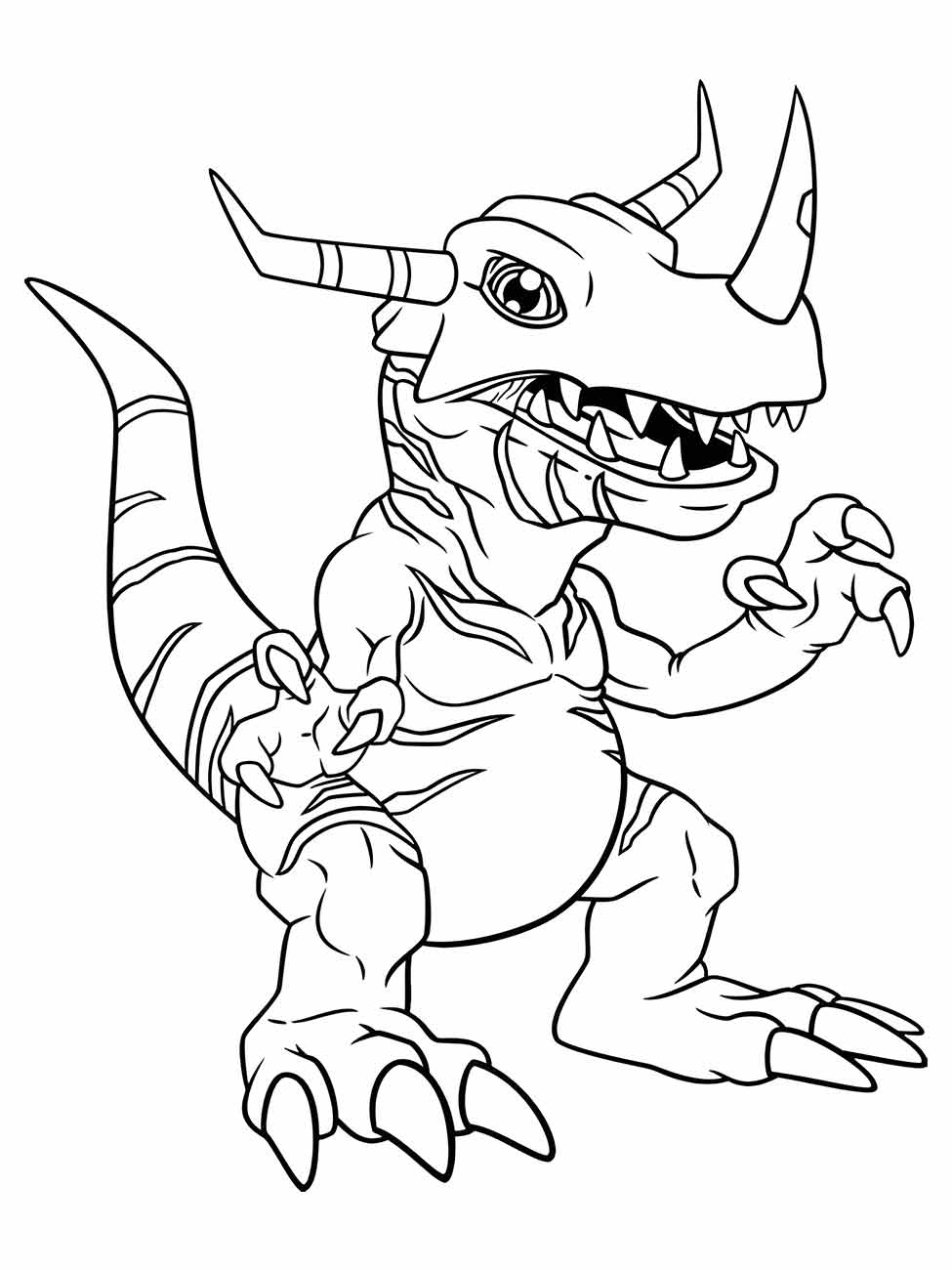 Desenho para colorir de Greymon, um Digimon tipo dinossauro com chifres e listras.