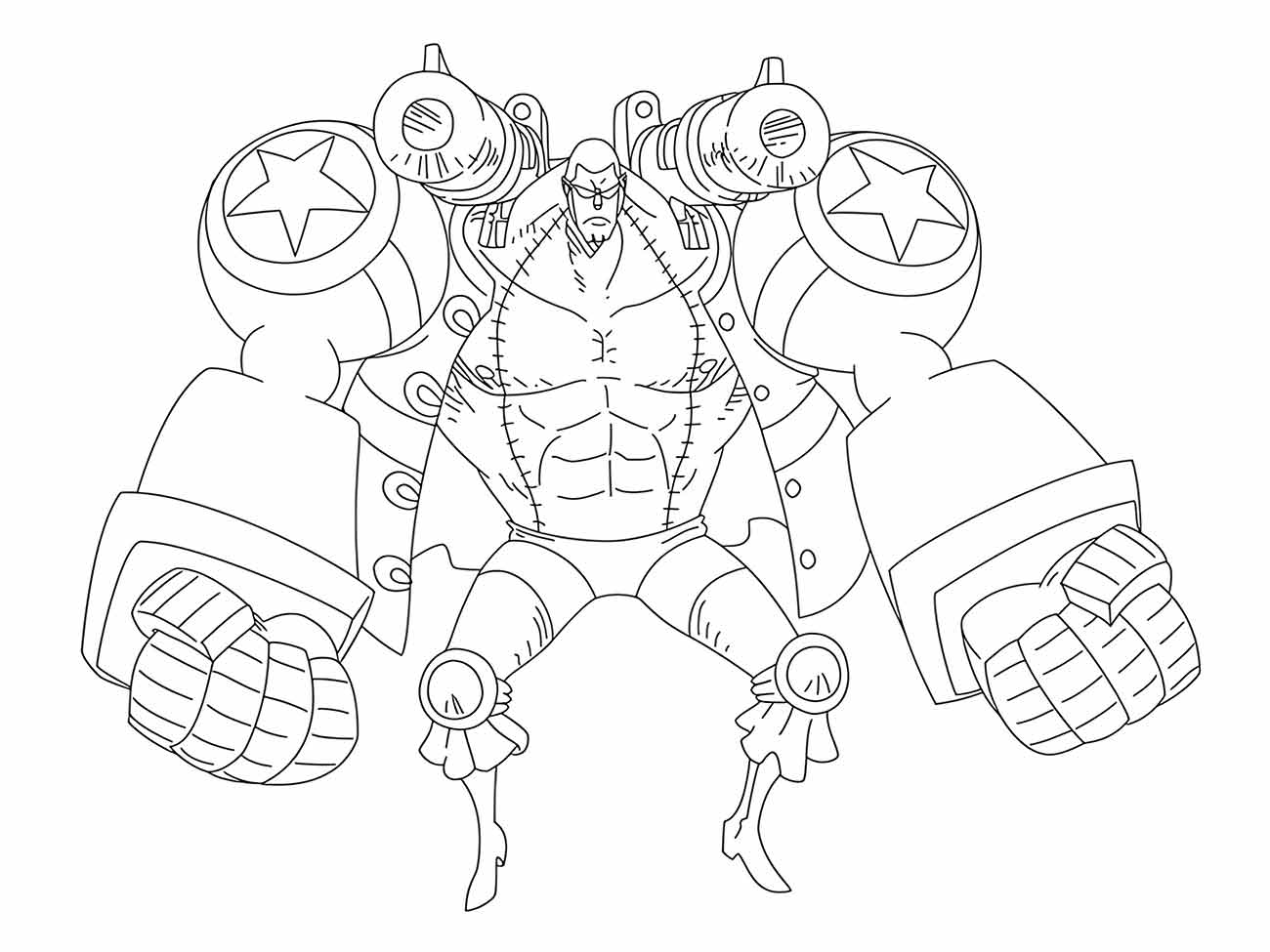 Desenho para colorir de One Piece apresentando Franky em sua forma robótica com pose imponente.