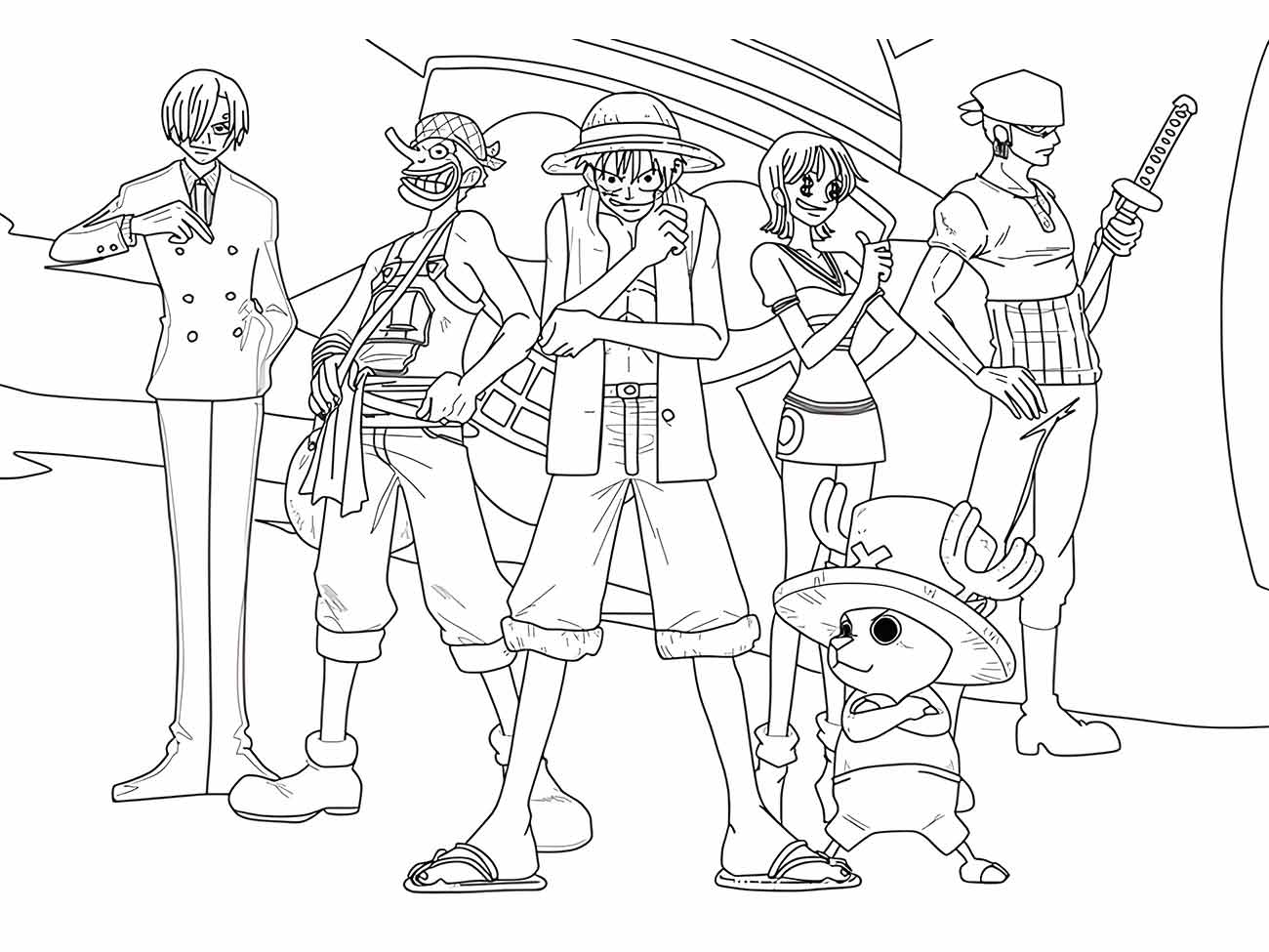 Desenho para colorir de One Piece exibindo a tripulação do Chapéu de Palha pronta para aventura ao lado do Going Merry.