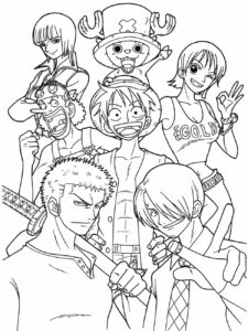 Desenho para colorir de One Piece exibindo a tripulação do Chapéu de Palha em um arranjo alegre.