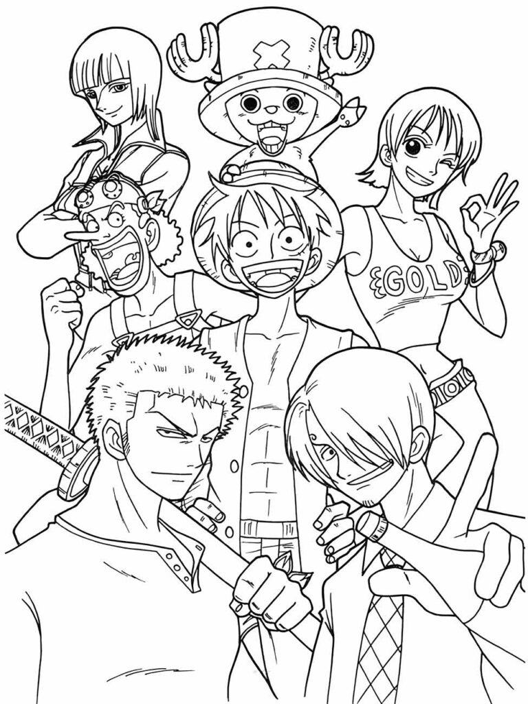 Desenho para colorir de One Piece exibindo a tripulação do Chapéu de Palha em um arranjo alegre.