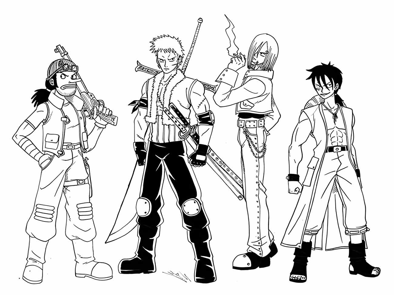 Desenho para colorir de One Piece mostrando quatro membros da tripulação em poses de batalha.