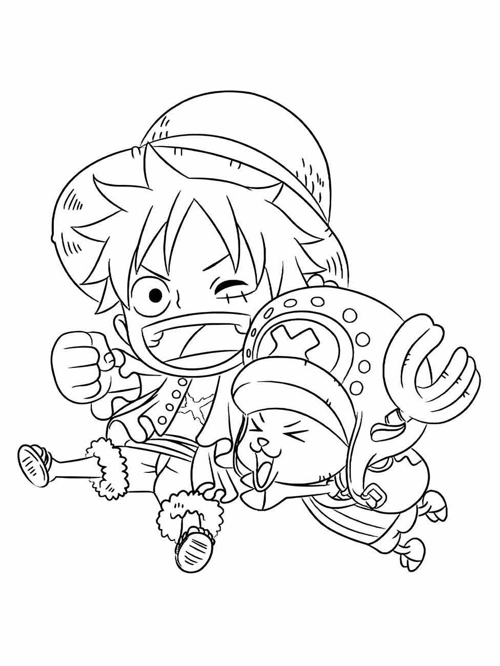 Desenho para colorir de One Piece com Luffy e Chopper em um momento divertido e despreocupado.