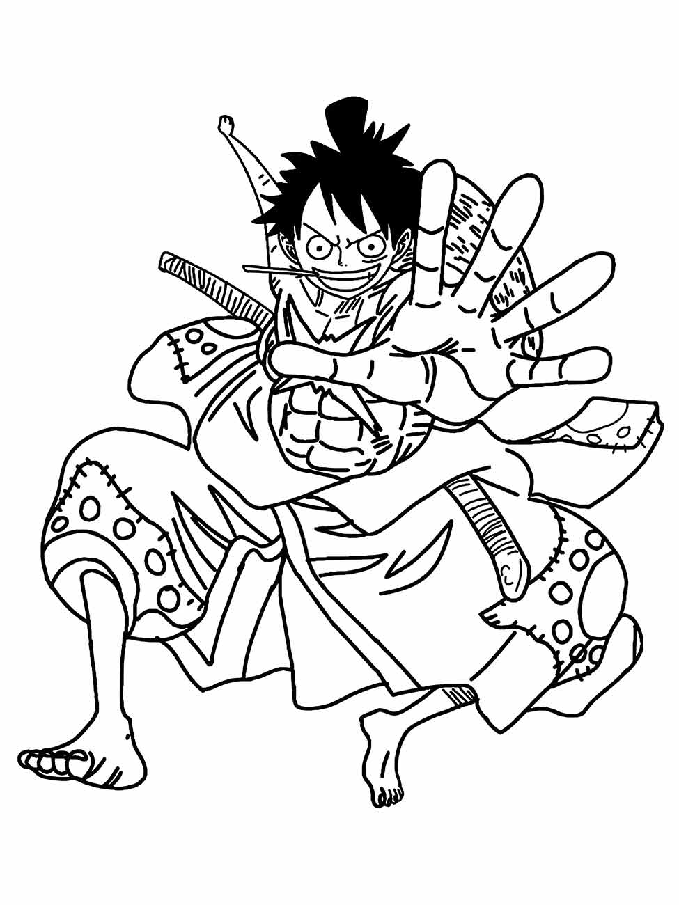 Desenho para colorir de One Piece destacando Luffy estendendo a mão em uma pose de ataque.