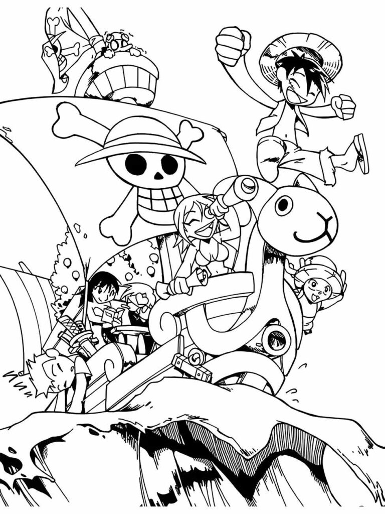 Desenho para colorir de One Piece apresentando a tripulação do Chapéu de Palha em um momento de alegria e aventura.