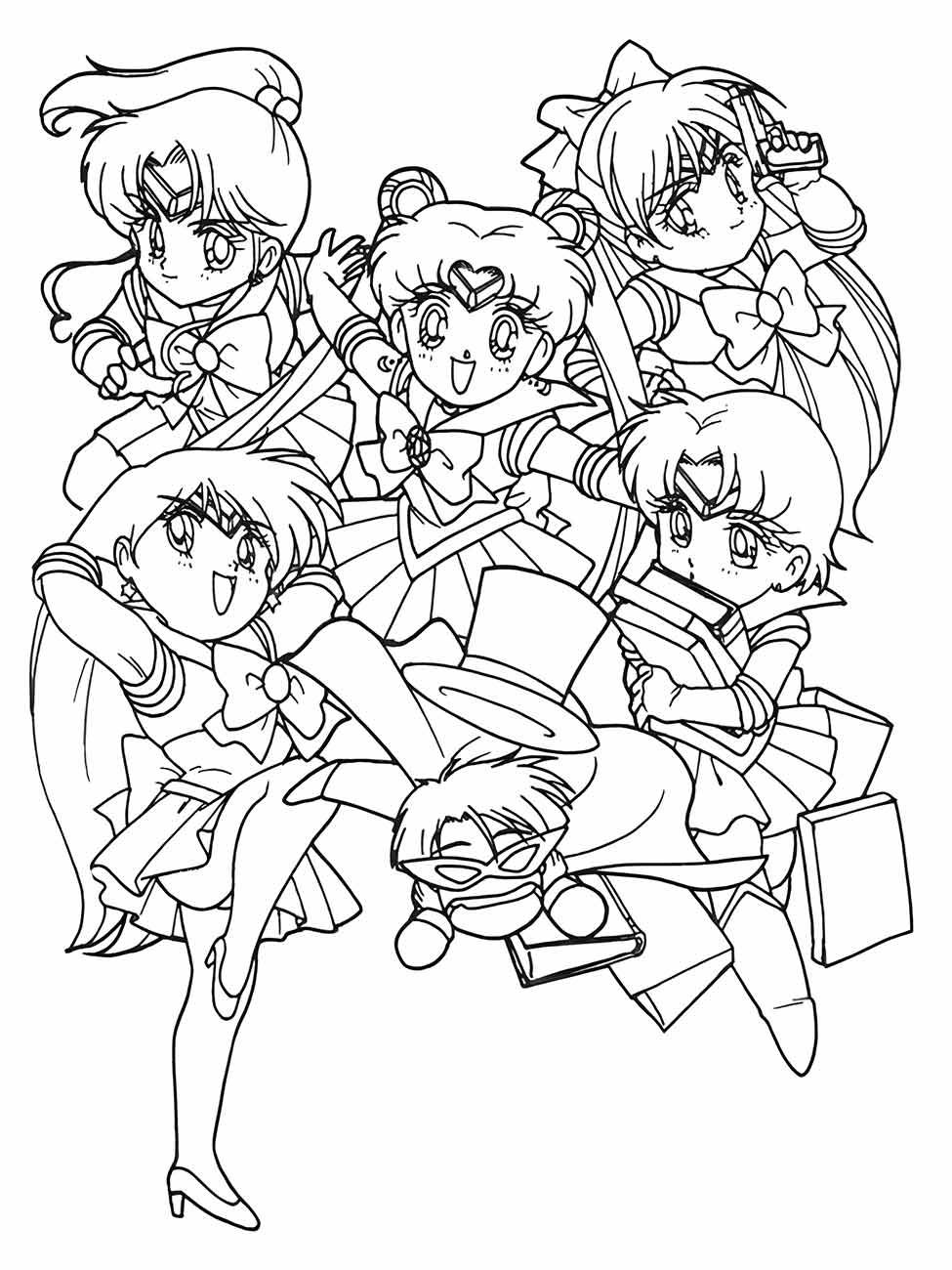 Desenho para colorir de grupo das guerreiras Sailor Moon em várias poses de ação.